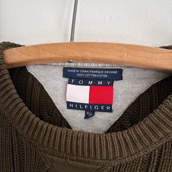 Vintage TOMMY Hilfiger knit sweater kahki green large heavyweight - Picture 3 of 4